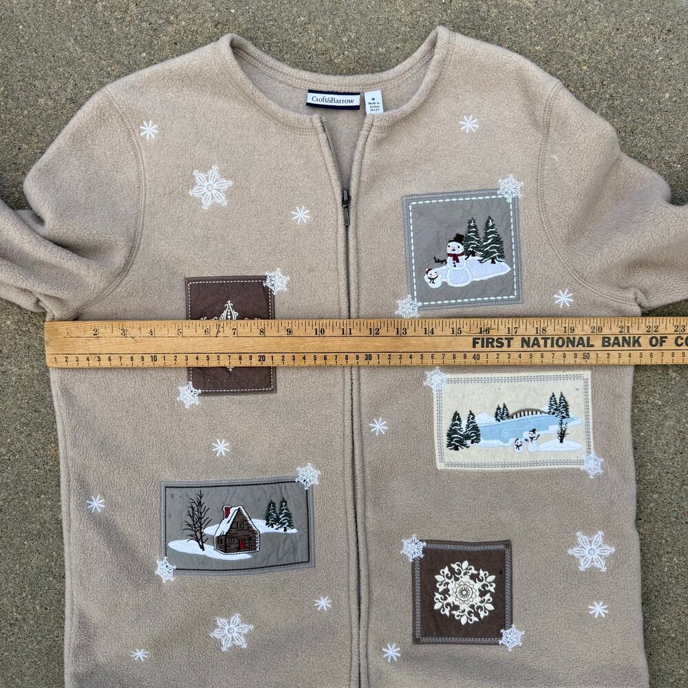 90s Croft & Barrow Tan Fleece Cabincore Applique Embroidery Fleece Cardigan MED - Picture 8 of 10